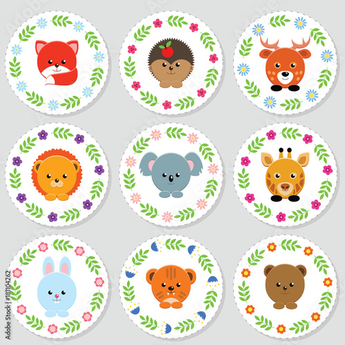 Set of cupcake toppers with cute little animals: fox, rabbit, tiger, deer, bear, giraffe, lion, hedgehog and koala. Vector illustration.