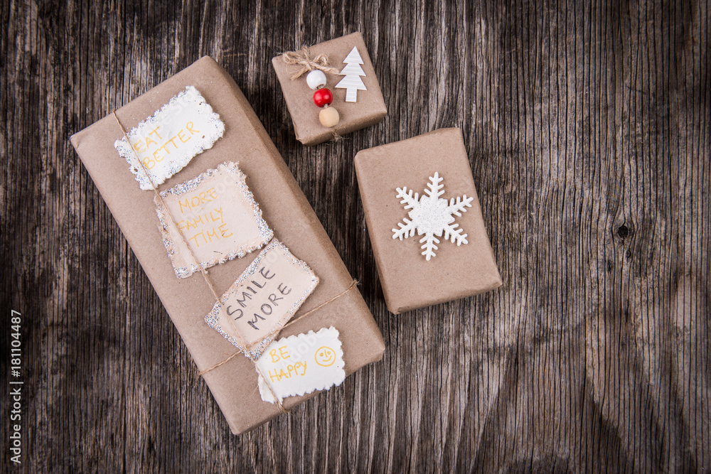 Gift boxes package decorated for Christmas with New Year resolutions Gift boxes package decorated for Christmas with New Year resolutions