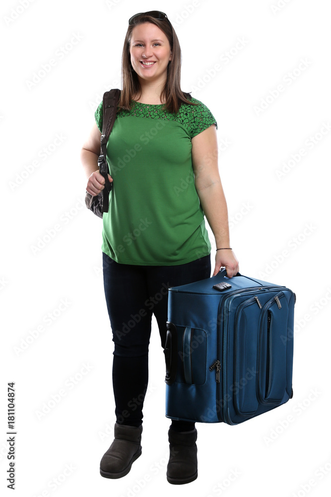Junge Frau mit Koffer Reise reisen verreisen Urlaub jung lachen Freisteller Junge Frau mit Koffer Reise reisen verreisen Urlaub jung lachen Freisteller