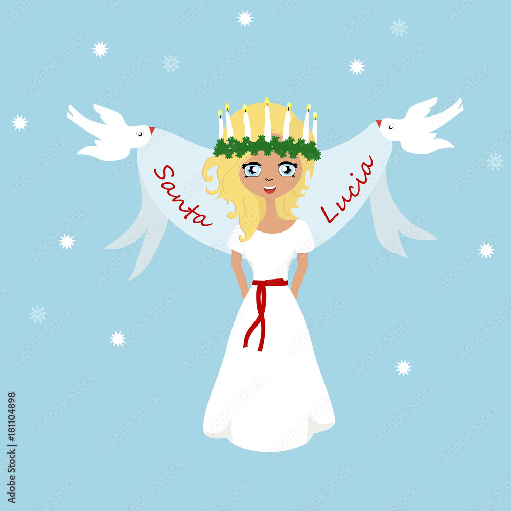 Cute little girl with wreath and candle crown, Saint Lucia. Swedish  Christmas tradition. Stock Vector | Adobe Stock