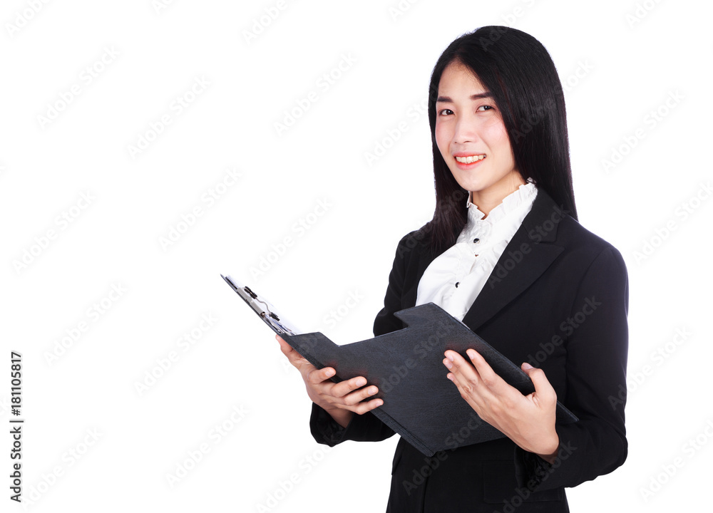 smiling business woman in suit holding a clipboard isolated on white background smiling business woman in suit holding a clipboard isolated on white background
