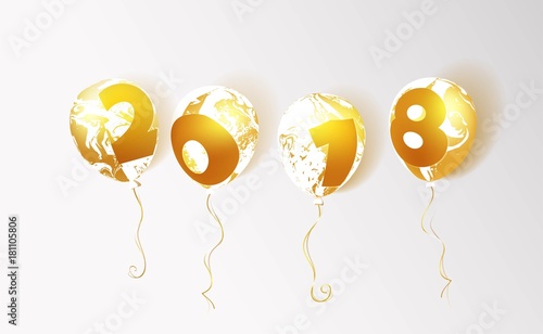 2018 Gold and marble balloons. Christmas and new year celebration background. Vector illustration