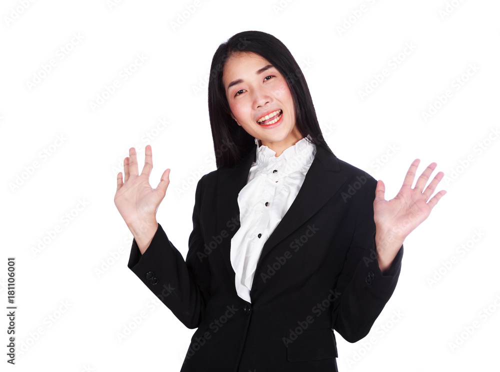 business woman cheering with her arms raised isolated on white background business woman cheering with her arms raised isolated on white background