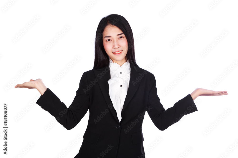 business woman in suit with empty hand isolated on white background business woman in suit with empty hand isolated on white background