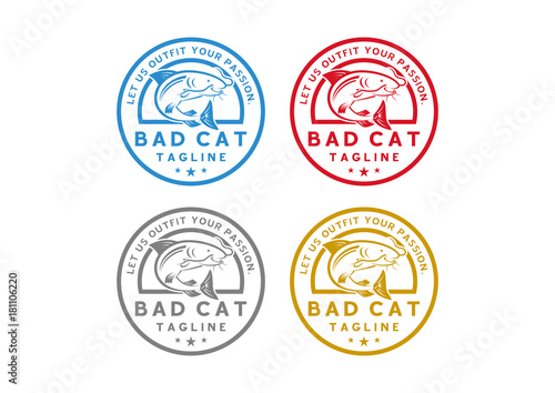 Unique Catfish with Mustache Circle Stamp Vintage Logo Color Set