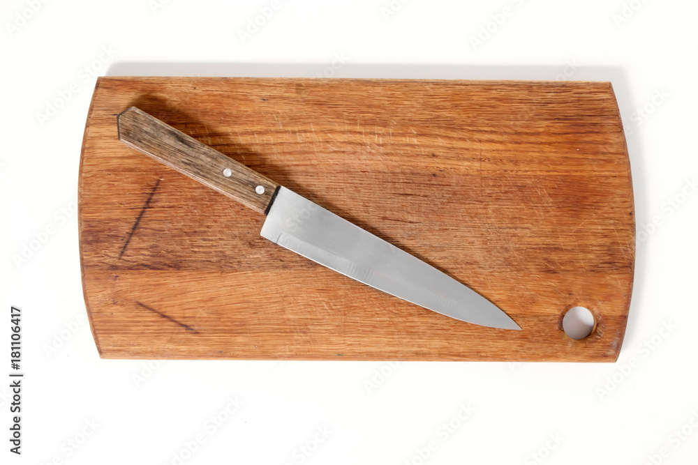 Design concept of mockup cutting board and knife set isolated on white background. Copyspace for text and logo. Clipping Path included on white background.