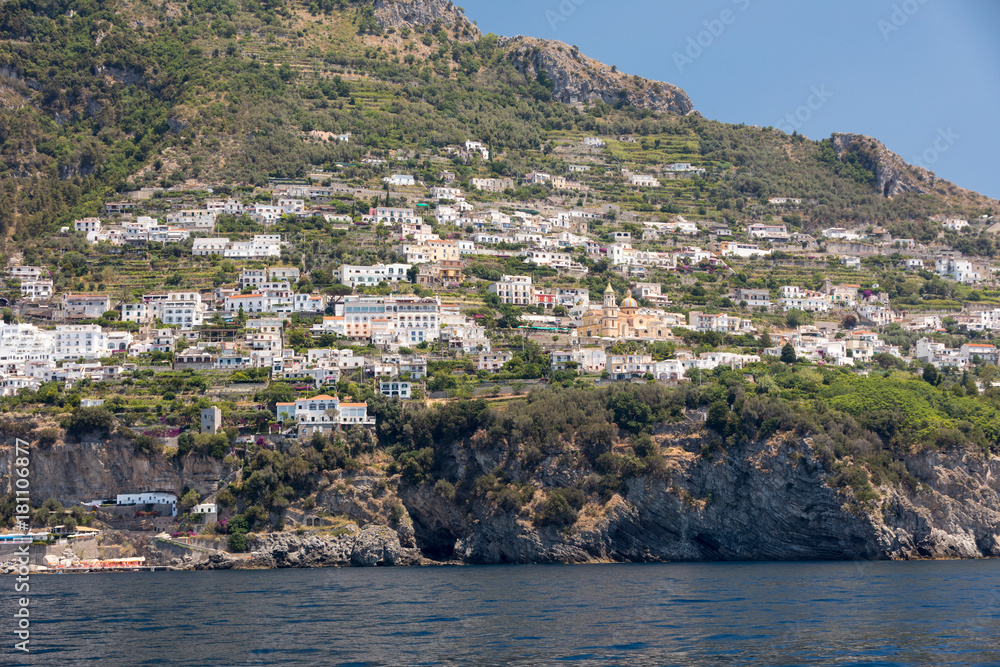 Exclusive villas and hotels on the rocky coast of Amalfi. Campania. Italy