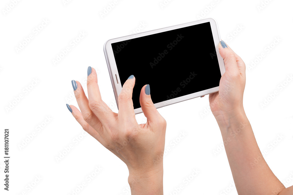 Woman hand using mock up digital tablet isolated clipping patch Woman hand using mock up digital tablet isolated clipping patch