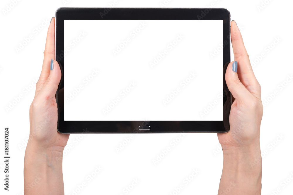 Woman hand using mock up digital tablet isolated clipping patch Woman hand using mock up digital tablet isolated clipping patch