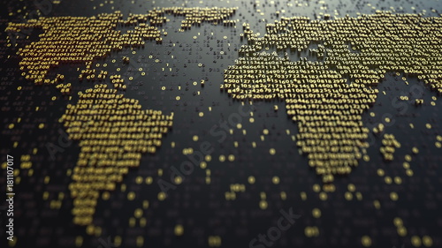 World map contour made of golden numbers. Modern digital technology, economic globalization or worldwide data transfer concepts. 3D rendering photo