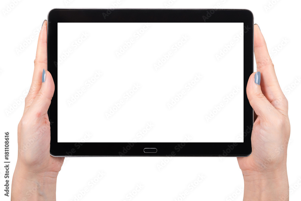 Woman hand using mock up digital tablet isolated clipping patch