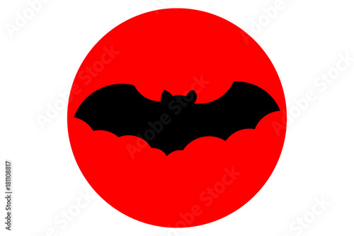 Flying bat silhouette in red circle. Vector..