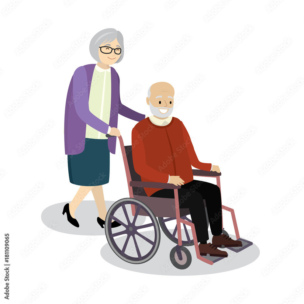 Grandmother rolls wheelchair in which sitting old man Grandmother rolls wheelchair in which sitting old man