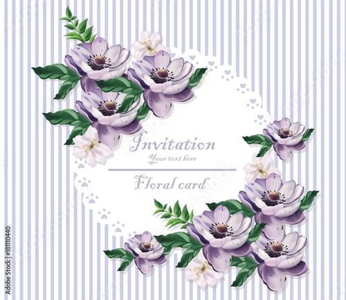 Vintage card Beautiful purple flowers Vector illustration. Floral pattern bac...