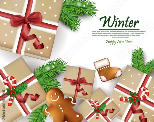 Winter Holiday gift boxes card Vector. Festive decor
