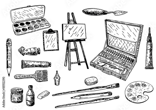 Vector ink hand drawn painting tools and accessories set