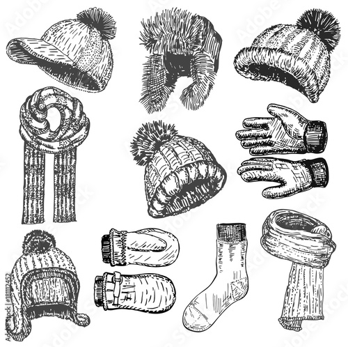 Vector ink hand drawn style winter warm clothing set