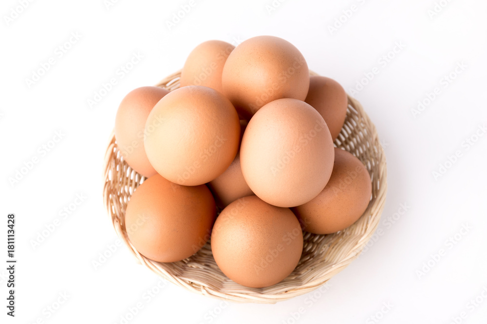 Top view Eggs in the basket on White Background Top view Eggs in the basket on White Background