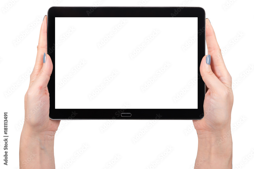 Woman hand using mock up digital tablet isolated clipping patch Woman hand using mock up digital tablet isolated clipping patch