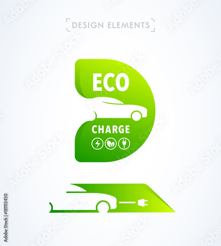 Vector eco charge illustration. Flat origami style design. Electrocar