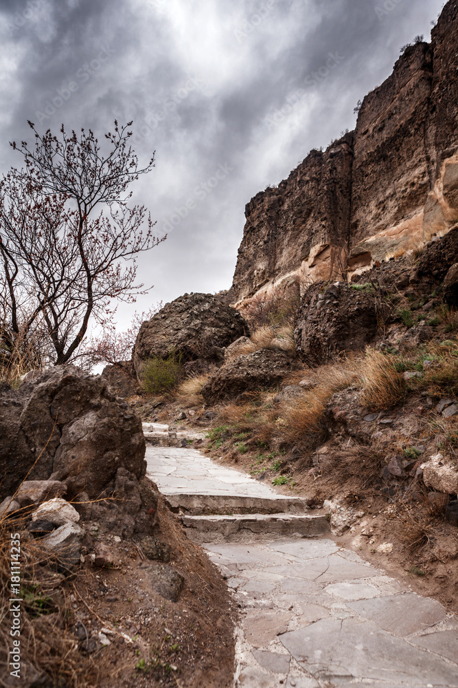 Walk path inVardzia cave city-monastery in the Erusheti Mountain, Georgia