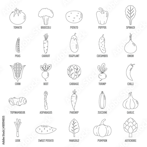Vegetables icons set, outline style