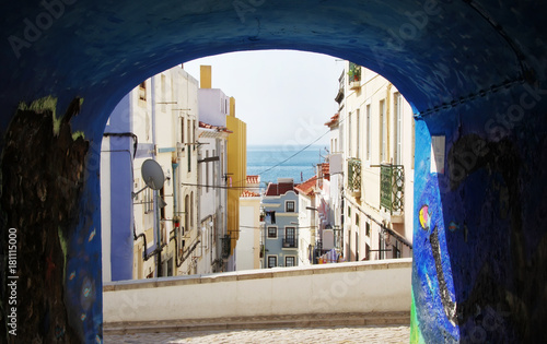 view of old facades at Sesimbra village, Portugal photo