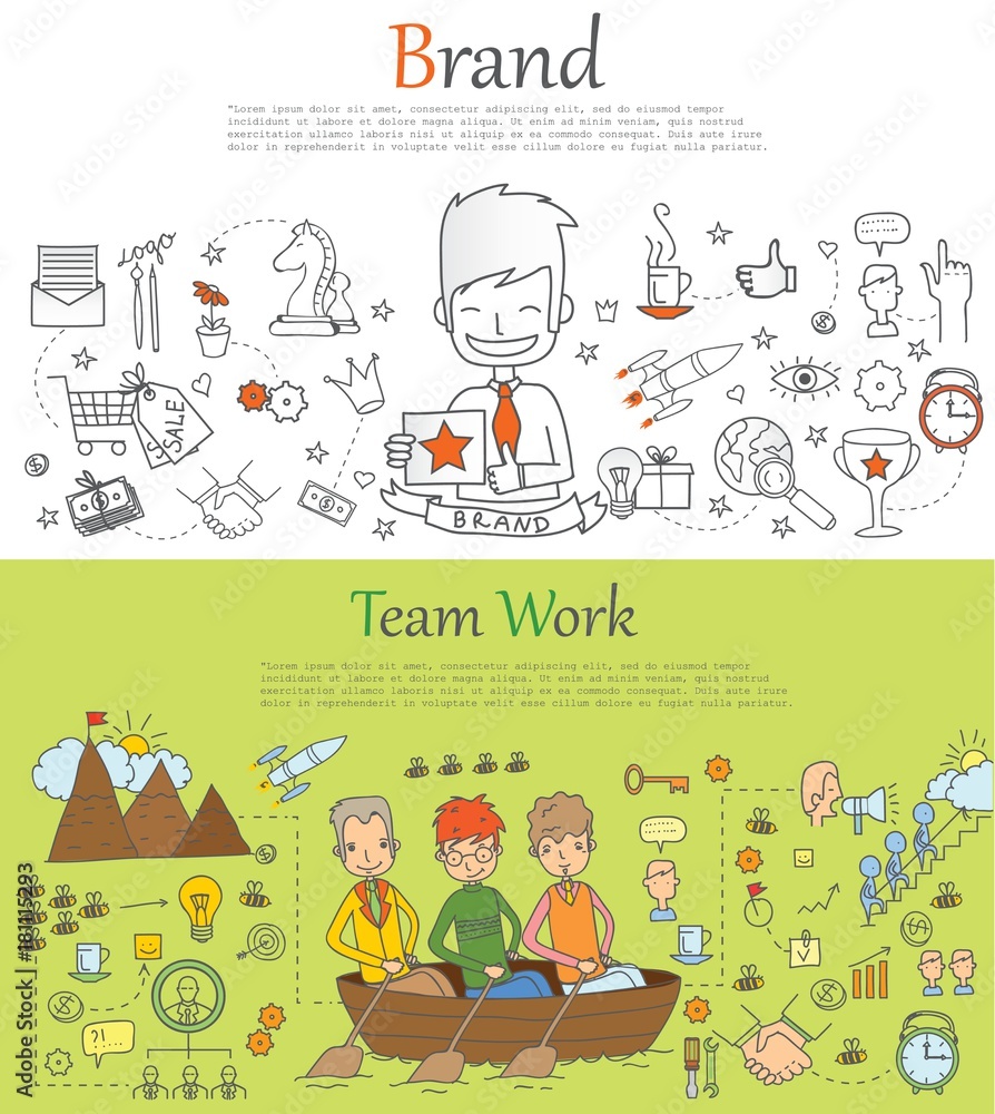 Doodle line design of web banner templates with outline icons of brand and team work Doodle line design of web banner templates with outline icons of brand and team work