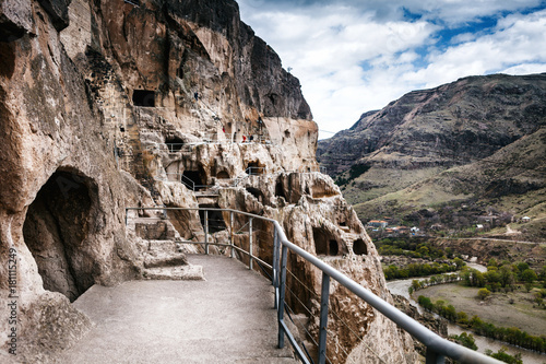 Walk path inVardzia cave city-monastery in the Erusheti Mountain, Georgia photo