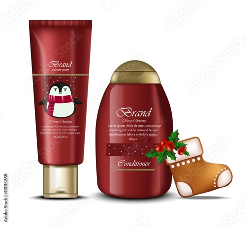Christmas cosmetic packaging gifts realistic Vector. Holiday festive templates