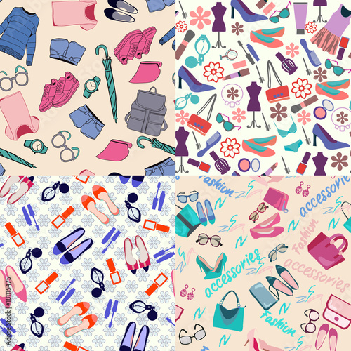 vector  pattern set of fashion woman clothes, accessories and beauty.