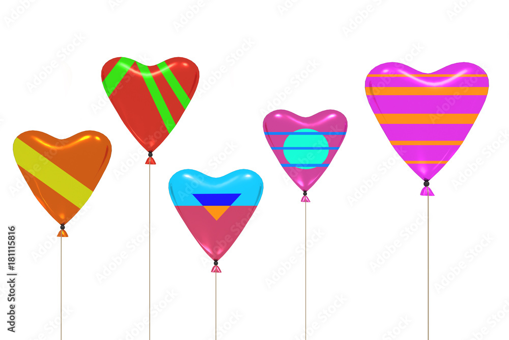 Colorful heart air balloon hang on the string, 3D illustration