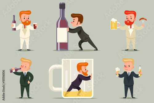 Beer Rum Whiskey Alcohol Male Guy Character Different Positions and Actions Alcoholism Icons Set Retro Cartoon Design Vector Illustration