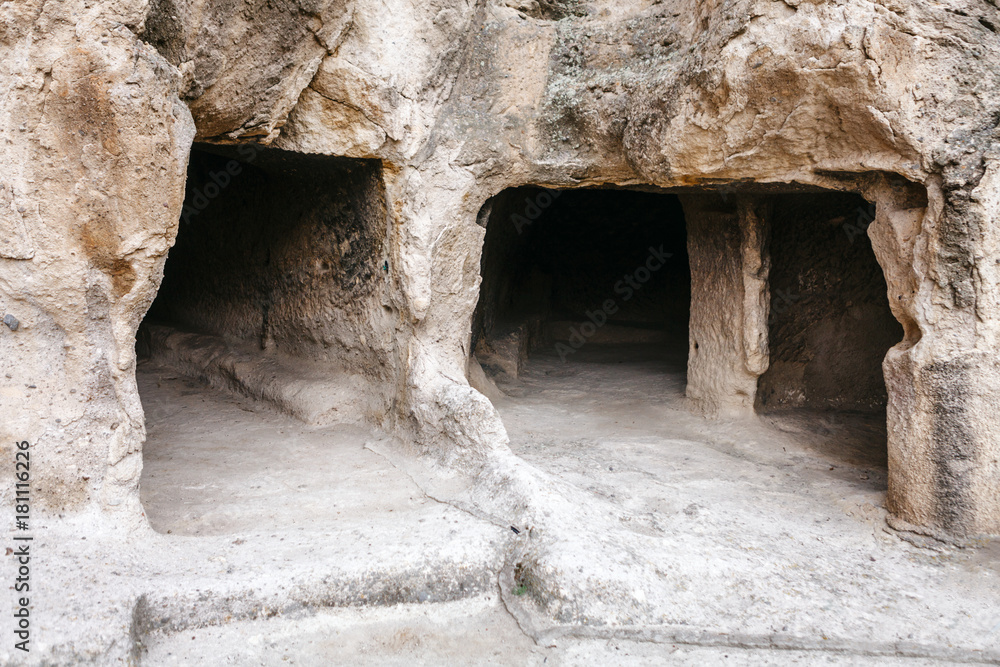 Vardzia close up of cave city-monastery in the Erusheti Mountain, Georgia