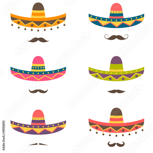 Set of Mexican hats and mustaches