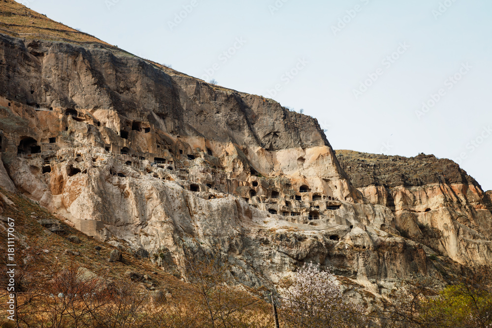 Panoramic view of Vardzia cave city-monastery in the Erusheti Mountain, Georgia