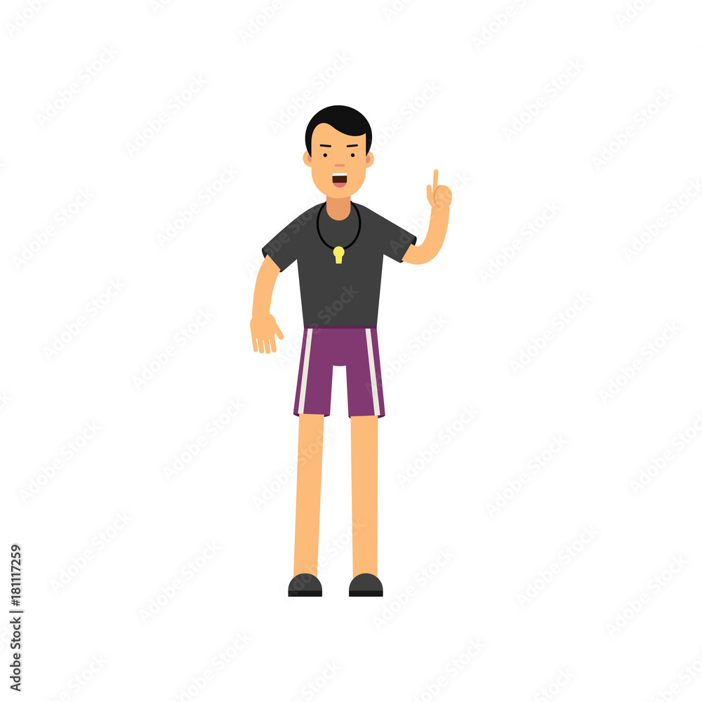 Flat vector illustration of cheerful male trainer standing with index finger up isolated on white Flat vector illustration of cheerful male trainer standing with index finger up isolated on white
