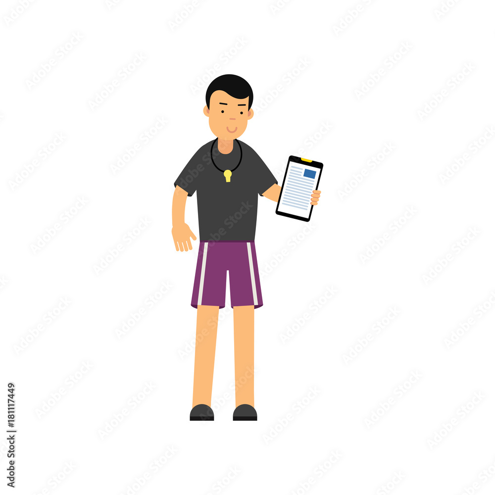 Flat vector illustration of personal gym instructor holding clipboard with training plan Flat vector illustration of personal gym instructor holding clipboard with training plan