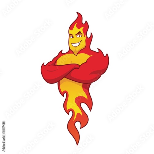 Muscular fire flame cartoon character with arms crossed