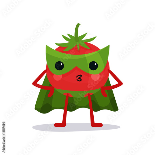 Vászonkép Cartoon character of red tomato in green mask, cape and pants standing with arms