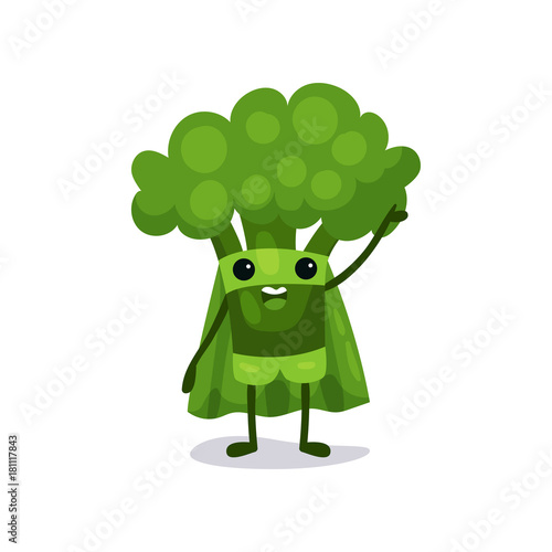 Flat cartoon broccoli character in superhero suit, standing and saying hello with hand up