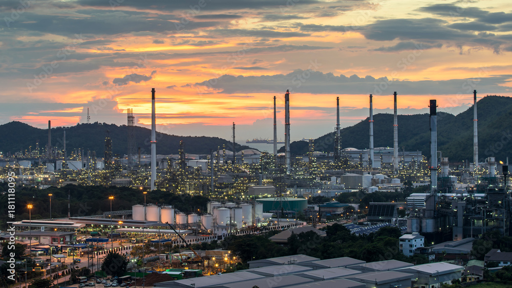 Beautiful sunset  petrochemical oil refinery factory plant cityscape of Chonburi province at night  , landscape Thailand