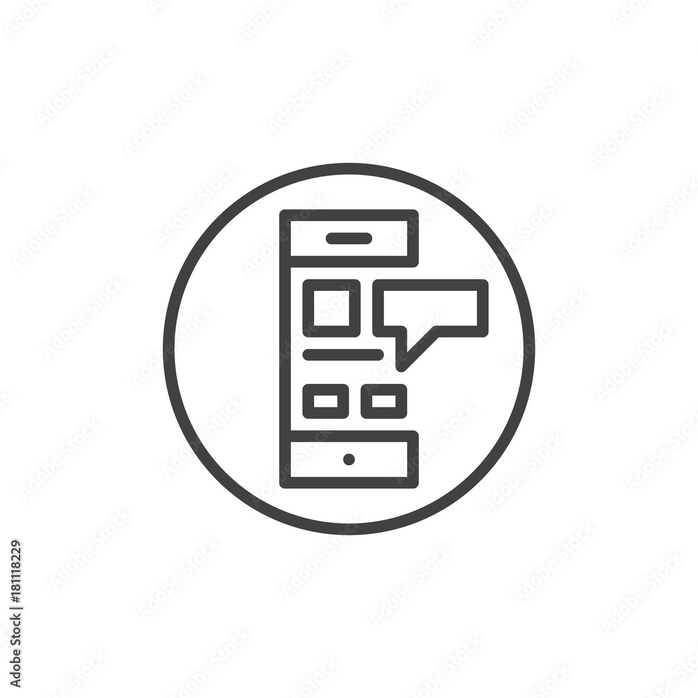 Mobile phone with chat line icon, outline vector sign, linear style pictogram isolated on white. Online shopping symbol, logo illustration. Editable stroke Mobile phone with chat line icon, outline vector sign, linear style pictogram isolated on white. Online shopping symbol, logo illustration. Editable stroke