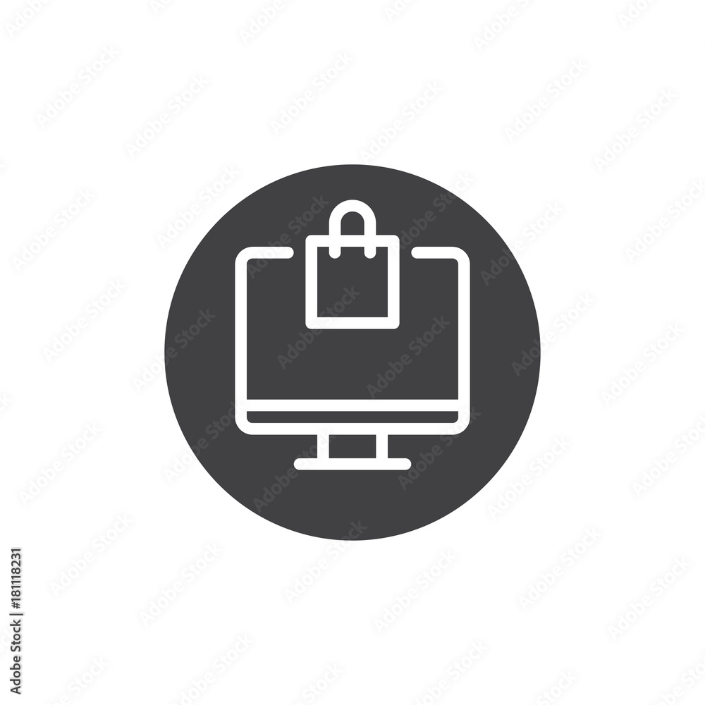 Computer display with shopping bag icon vector, filled flat sign, solid pictogram isolated on white. Online shopping symbol, logo illustration. Computer display with shopping bag icon vector, filled flat sign, solid pictogram isolated on white. Online shopping symbol, logo illustration.