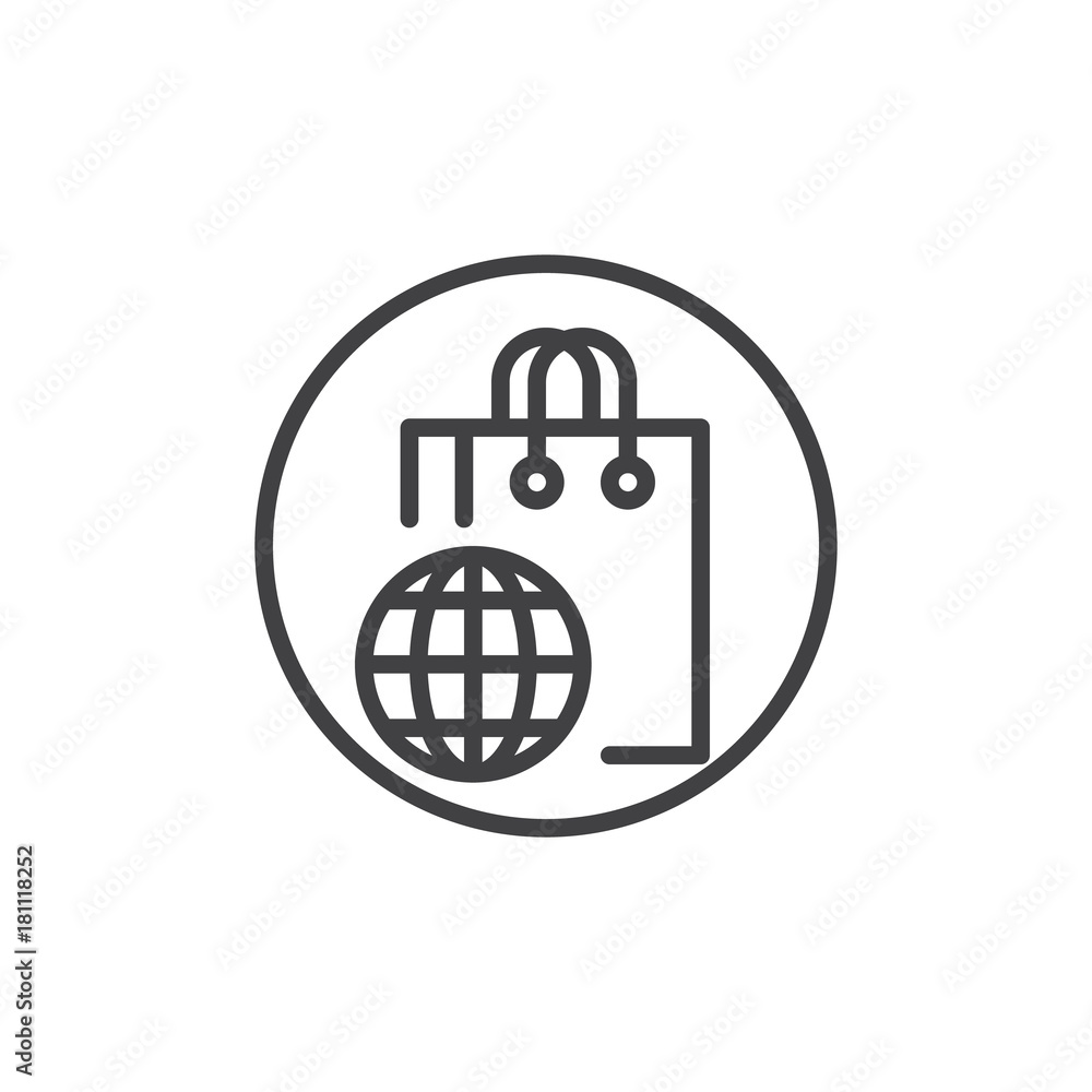 Shopping bag with a world globe line icon, outline vector sign, linear style pictogram isolated on white. Symbol, logo illustration. Editable stroke Shopping bag with a world globe line icon, outline vector sign, linear style pictogram isolated on white. Symbol, logo illustration. Editable stroke