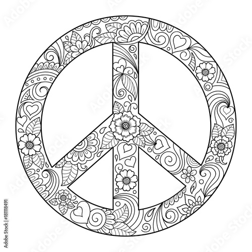 Pacific. The symbol of the world is made of flowers. Hippie style. Retro sign of love, peace and pacifism performed hand-made in the style of doodle.