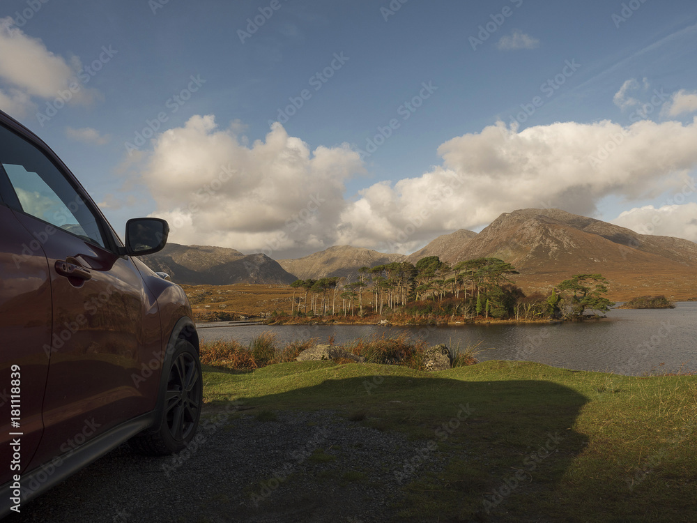 Fototapeta premium Car park off road, with beautiful view on Connemara National Park an Derryclare Lough