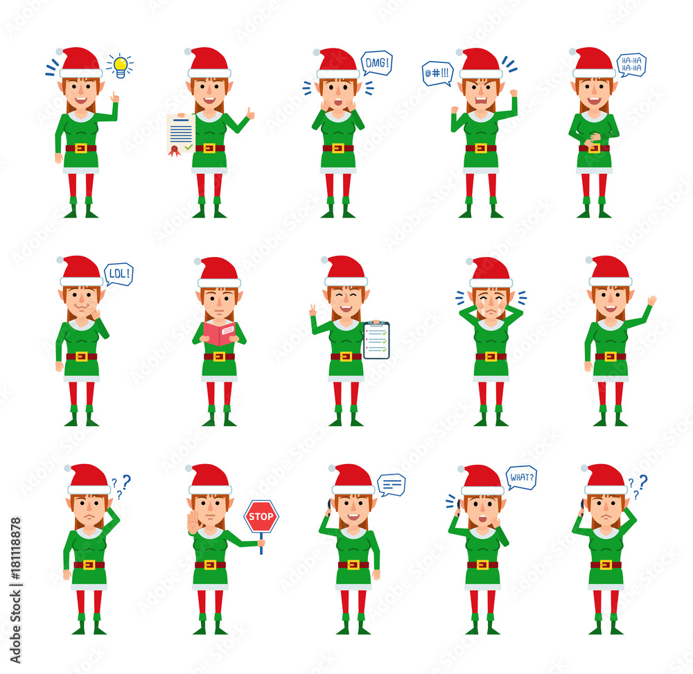 Set of female Christmas elf characters showing different actions. Cheerful elf girl talking on phone, holding stop sign, reading book and showing other actions. Flat style vector illustration