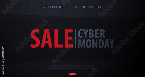 Cyber Monday Sale banner with gifts. Binary code background. Vector illustration.