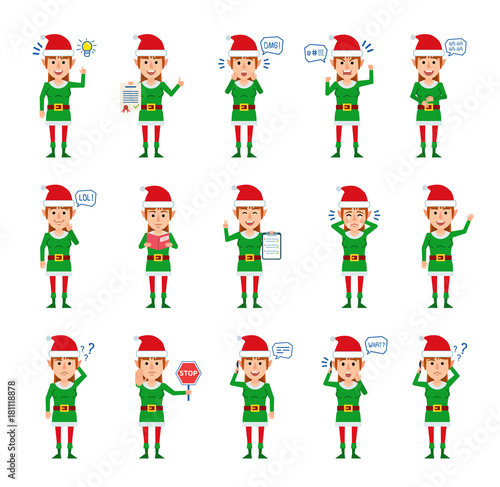 Set of female Christmas elf characters showing different actions. Cheerful elf girl talking on phone, holding stop sign, reading book and showing other actions. Flat style vector illustration